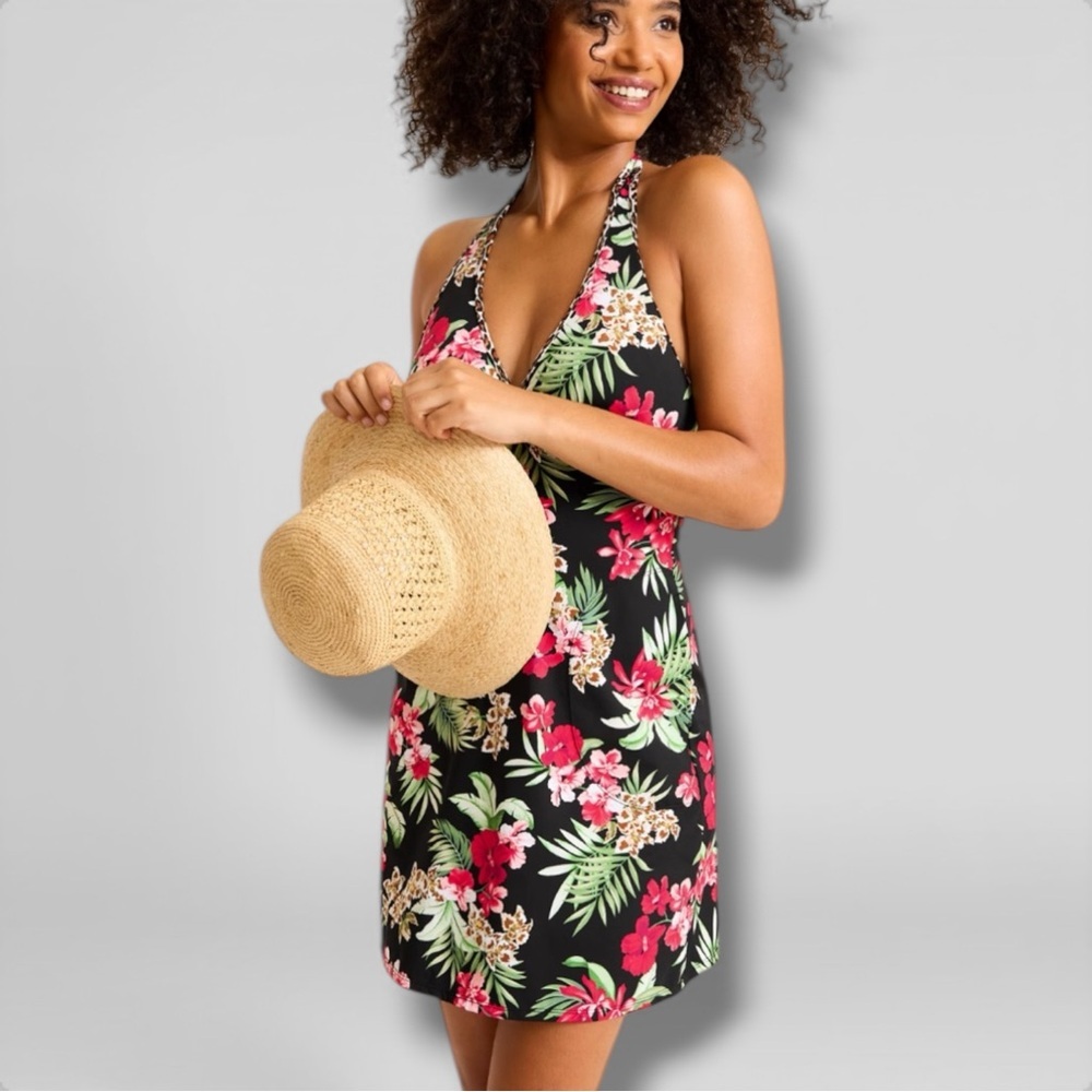 NWT TOMNY BAHAMA Lily Cat Halter Spa Coverup Dress - Black/Red XL